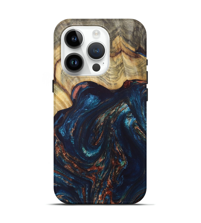 iPhone 15 Pro Wood+Resin Live Edge Phone Case - Brooks (Teal & Gold, 676415)