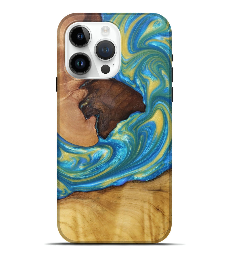 iPhone 15 Pro Max Wood+Resin Live Edge Phone Case - Reagan (Teal & Gold, 676416)