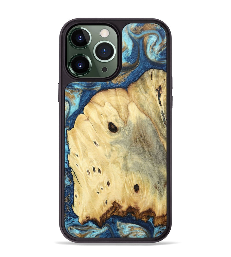 iPhone 13 Pro Max Wood+Resin Phone Case - Kelly (Teal & Gold, 676621)