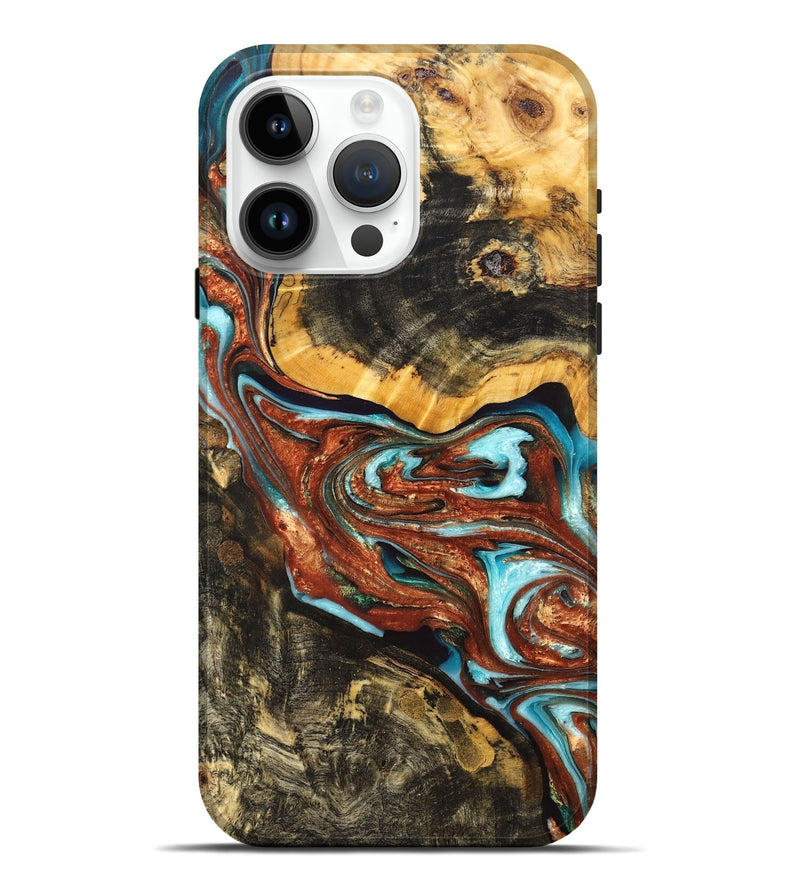 iPhone 15 Pro Max Wood+Resin Live Edge Phone Case - Paige (Teal & Gold, 676826)