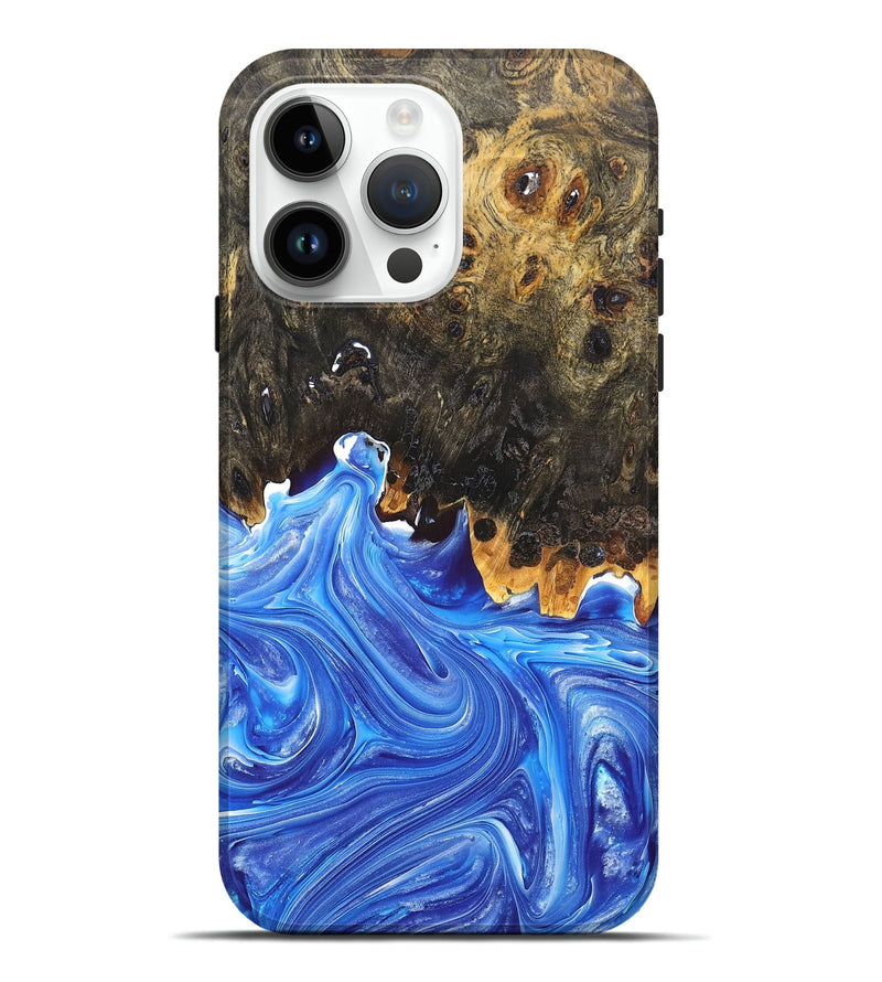 iPhone 15 Pro Max Wood+Resin Live Edge Phone Case - Jaqueline (Teal & Gold, 676831)