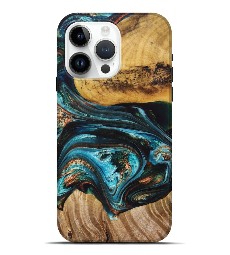 iPhone 15 Pro Max Wood+Resin Live Edge Phone Case - Caroline (Teal & Gold, 677489)
