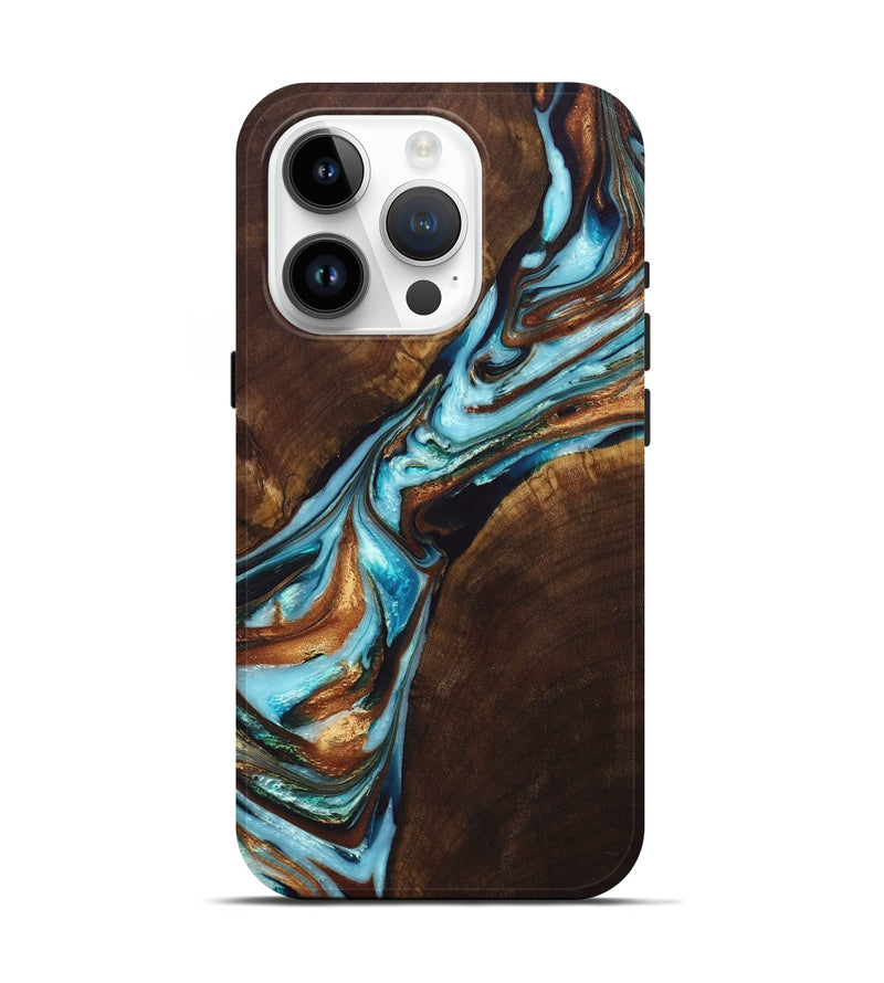 iPhone 15 Pro Wood+Resin Live Edge Phone Case - Christopher (Teal & Gold, 677495)