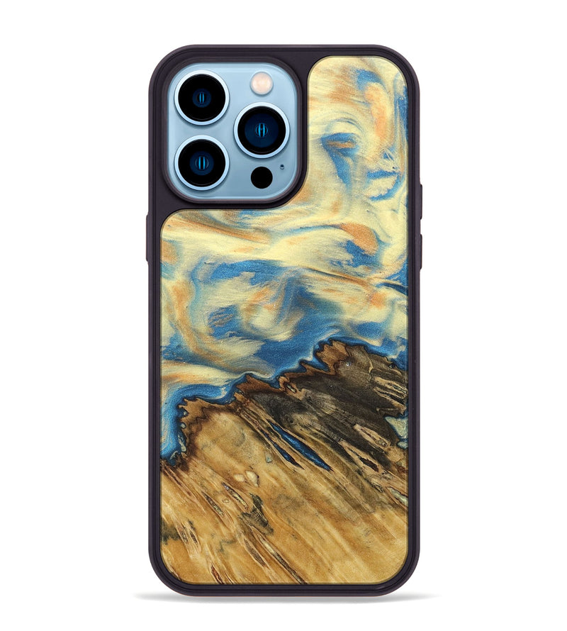 iPhone 14 Pro Max Wood+Resin Phone Case - Ella (Teal & Gold, 677696)
