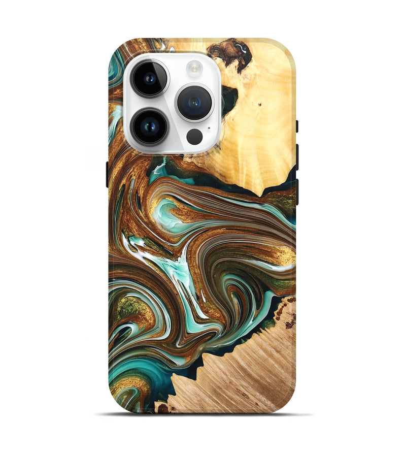 iPhone 15 Pro Wood+Resin Live Edge Phone Case - Leo (Teal & Gold, 678282)