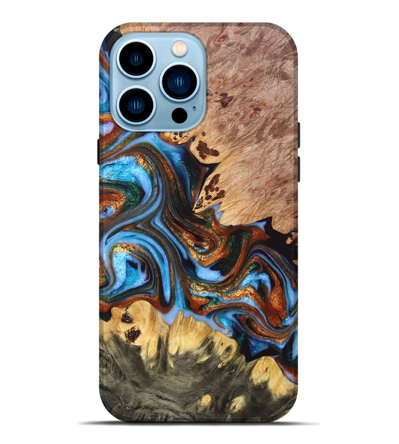 iPhone 14 Pro Max Wood+Resin Live Edge Phone Case - Eden (Teal & Gold, 678283)