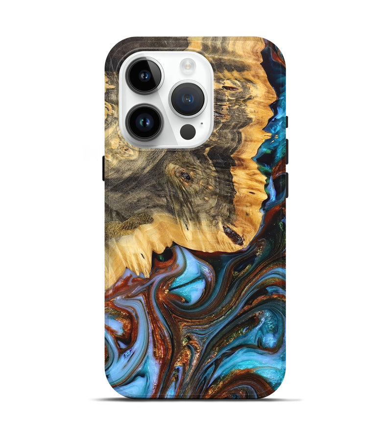 iPhone 15 Pro Wood+Resin Live Edge Phone Case - Caylee (Teal & Gold, 678284)