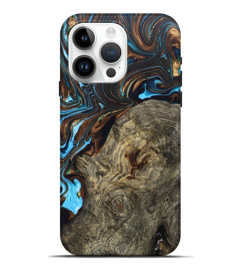 iPhone 15 Pro Max Wood+Resin Live Edge Phone Case - Gianna (Teal & Gold, 678285)