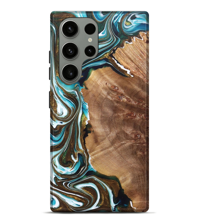 Galaxy S23 Ultra Wood+Resin Live Edge Phone Case - Madalyn (Teal & Gold, 679109)