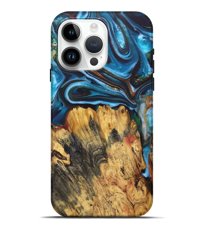 iPhone 15 Pro Max Wood+Resin Live Edge Phone Case - Reed (Teal & Gold, 679112)