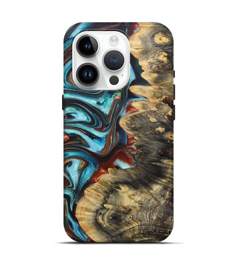 iPhone 15 Pro Wood+Resin Live Edge Phone Case - Sherlyn (Teal & Gold, 679113)