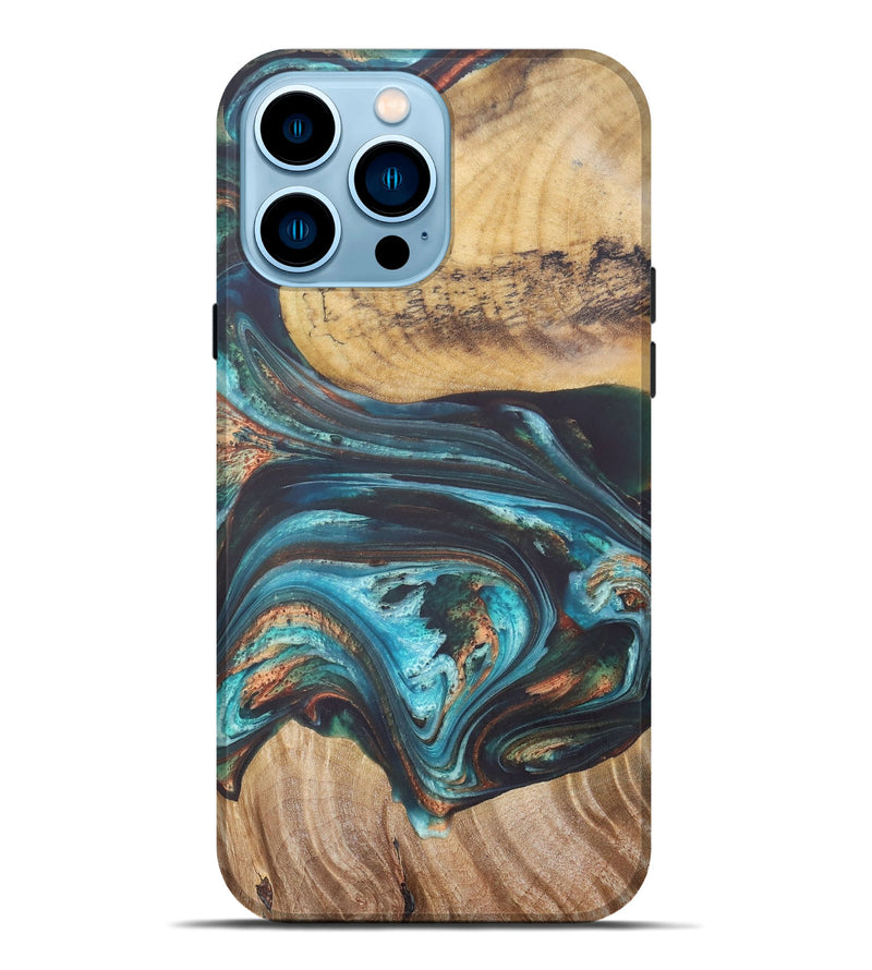 iPhone 14 Pro Max Wood+Resin Live Edge Phone Case - Manuel (Teal & Gold, 679114)