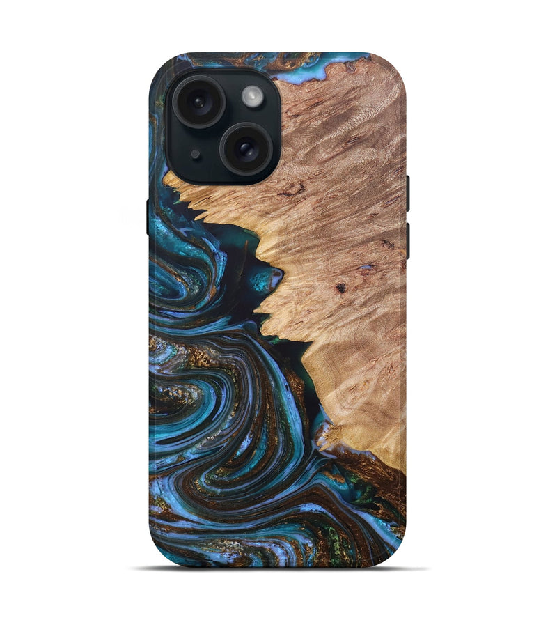 iPhone 15 Wood+Resin Live Edge Phone Case - Danica (Teal & Gold, 679392)