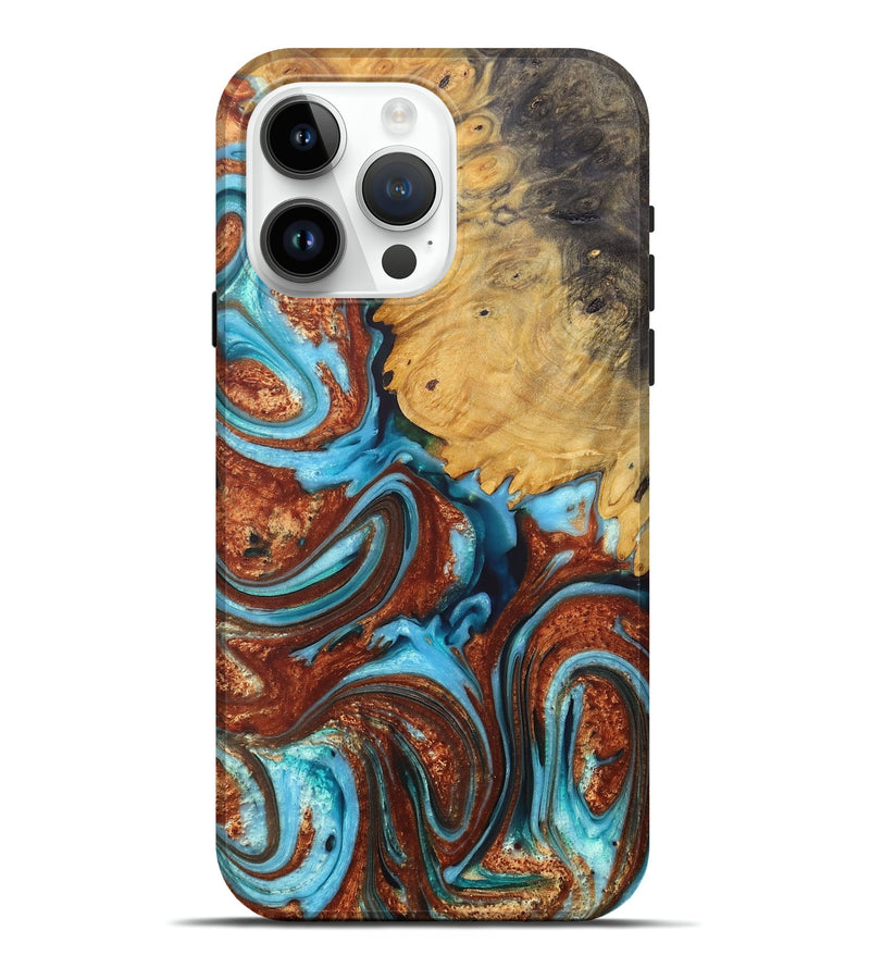 iPhone 15 Pro Max Wood+Resin Live Edge Phone Case - Dan (Teal & Gold, 679393)
