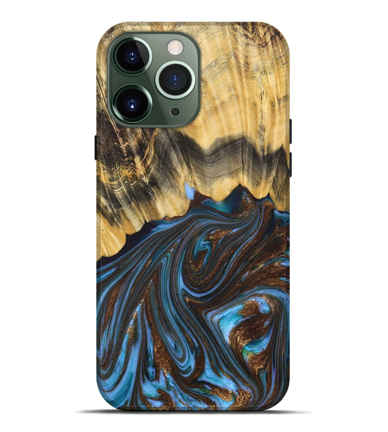 iPhone 13 Pro Max Wood+Resin Live Edge Phone Case - Bruce (Teal & Gold, 679394)