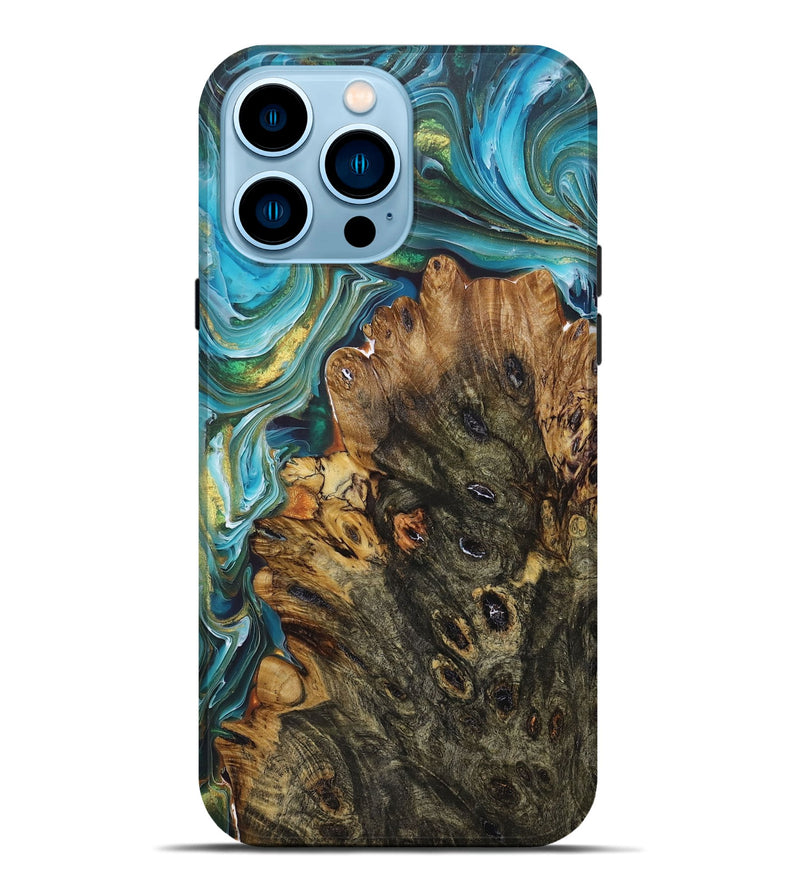 iPhone 14 Pro Max Wood+Resin Live Edge Phone Case - Brock (Teal & Gold, 679997)