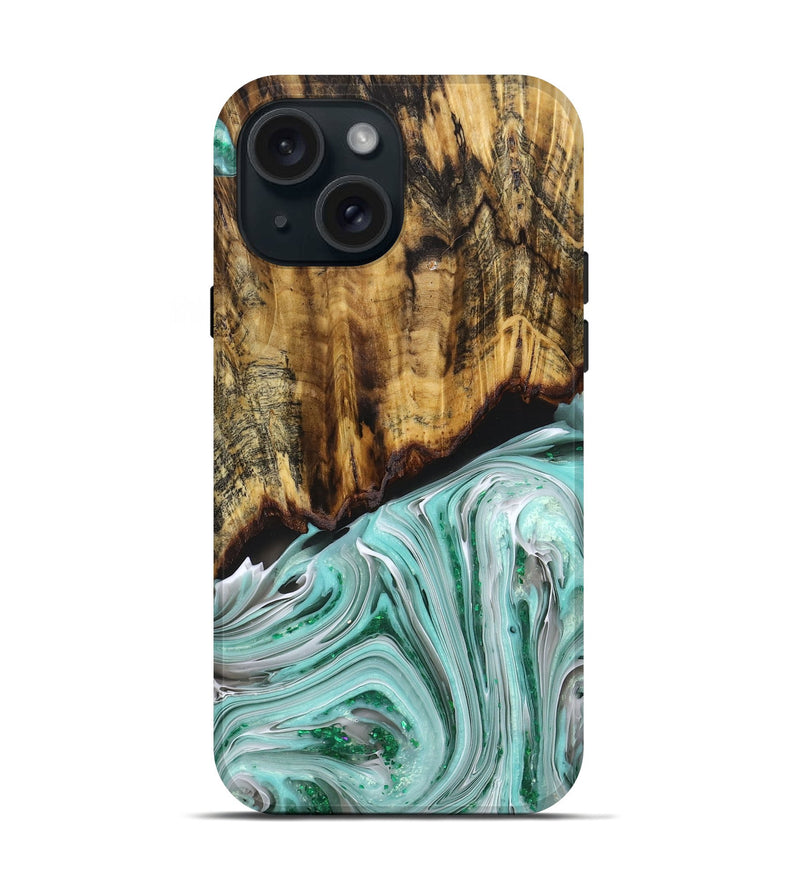iPhone 15 Wood+Resin Live Edge Phone Case - Cooper (Green, 680007)