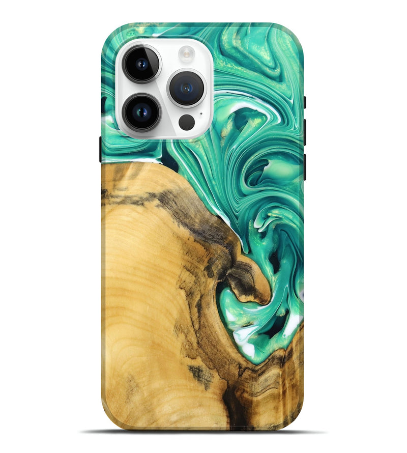 iPhone 15 Pro Max Wood+Resin Live Edge Phone Case - Nadia (Green, 680161)