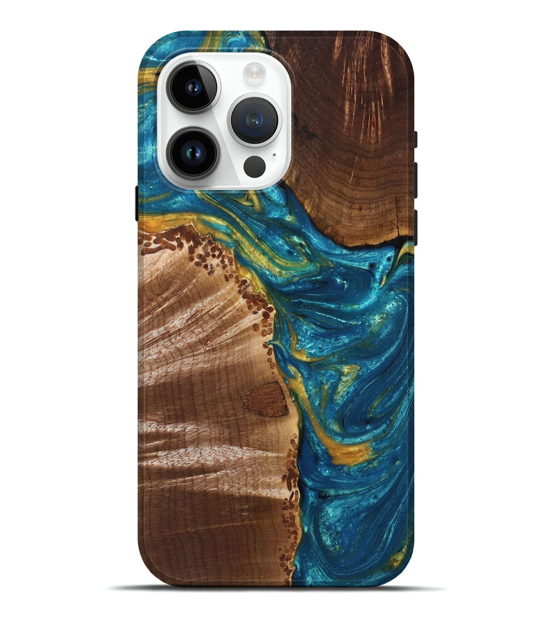 iPhone 15 Pro Max Wood+Resin Live Edge Phone Case - Elaina (Teal & Gold, 680552)