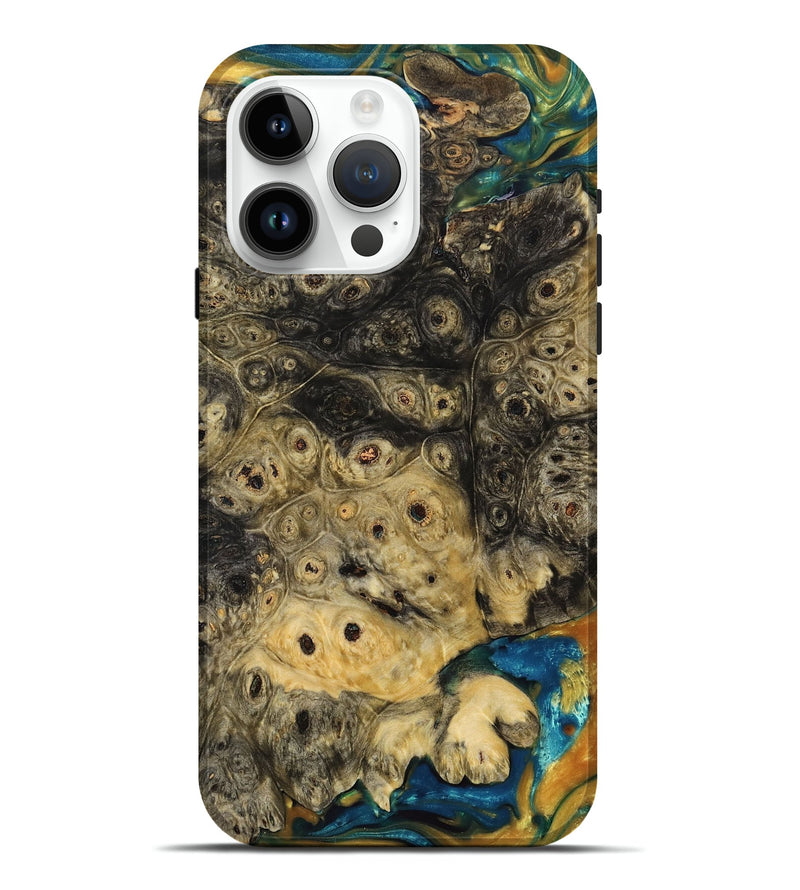 iPhone 15 Pro Max Wood+Resin Live Edge Phone Case - Mikayla (Teal & Gold, 680553)