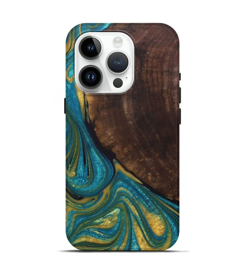 iPhone 15 Pro Wood+Resin Live Edge Phone Case - Randall (Teal & Gold, 680561)