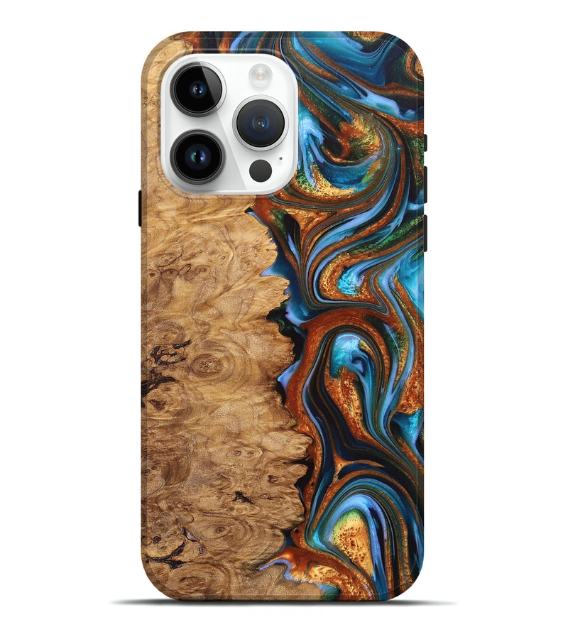 iPhone 15 Pro Max Wood+Resin Live Edge Phone Case - Marquita (Teal & Gold, 680940)