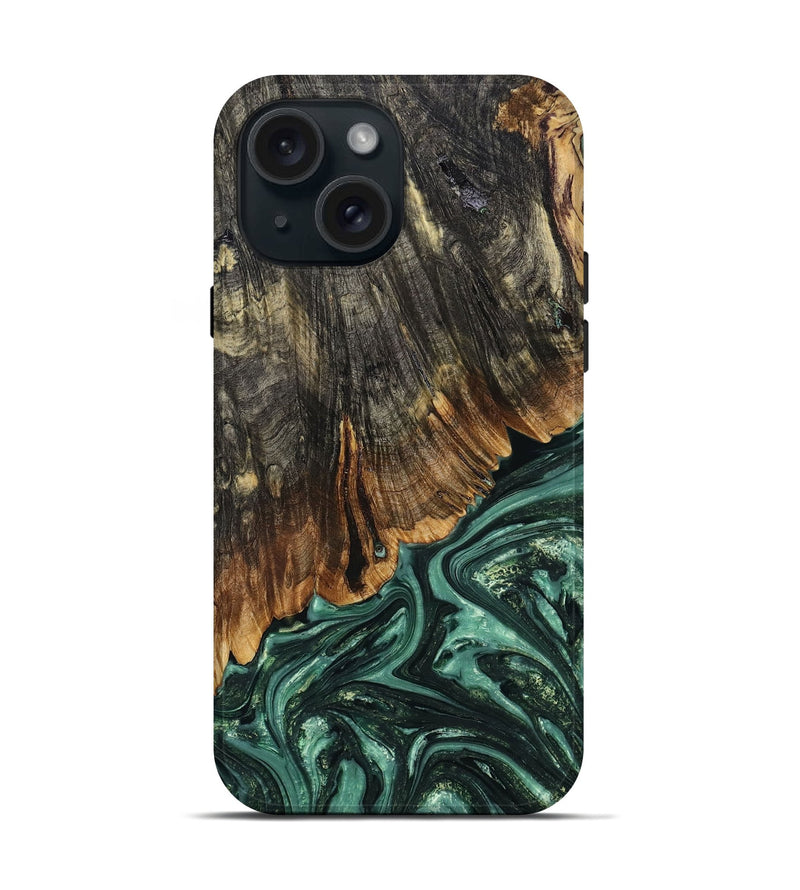 iPhone 15 Wood+Resin Live Edge Phone Case - Elyse (Green, 681249)