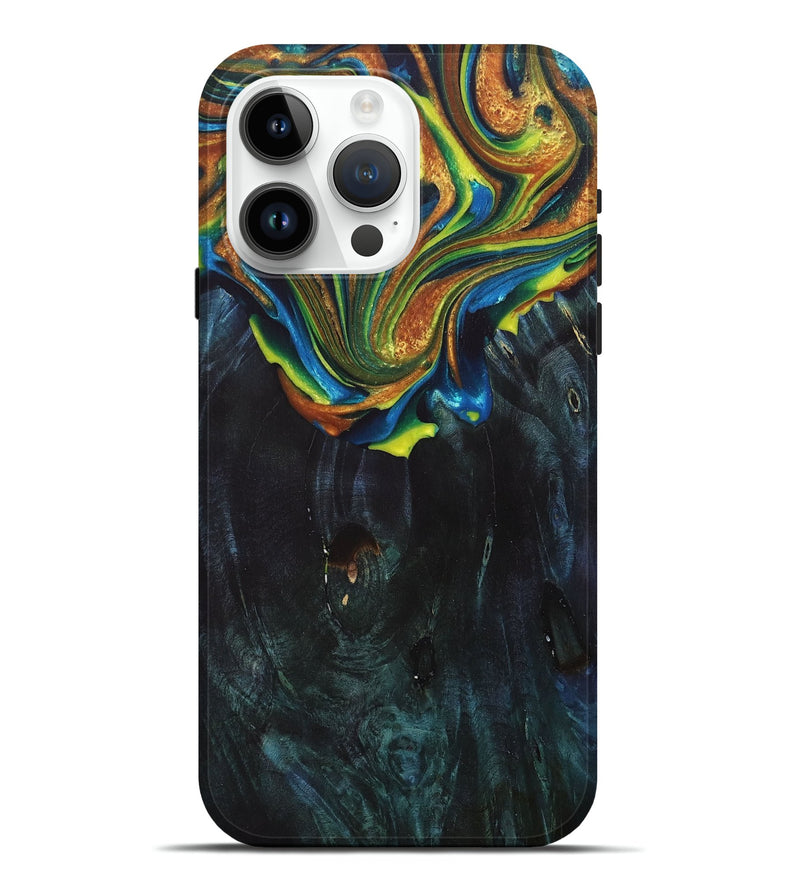iPhone 15 Pro Max Wood+Resin Live Edge Phone Case - Geneva (Teal & Gold, 681343)