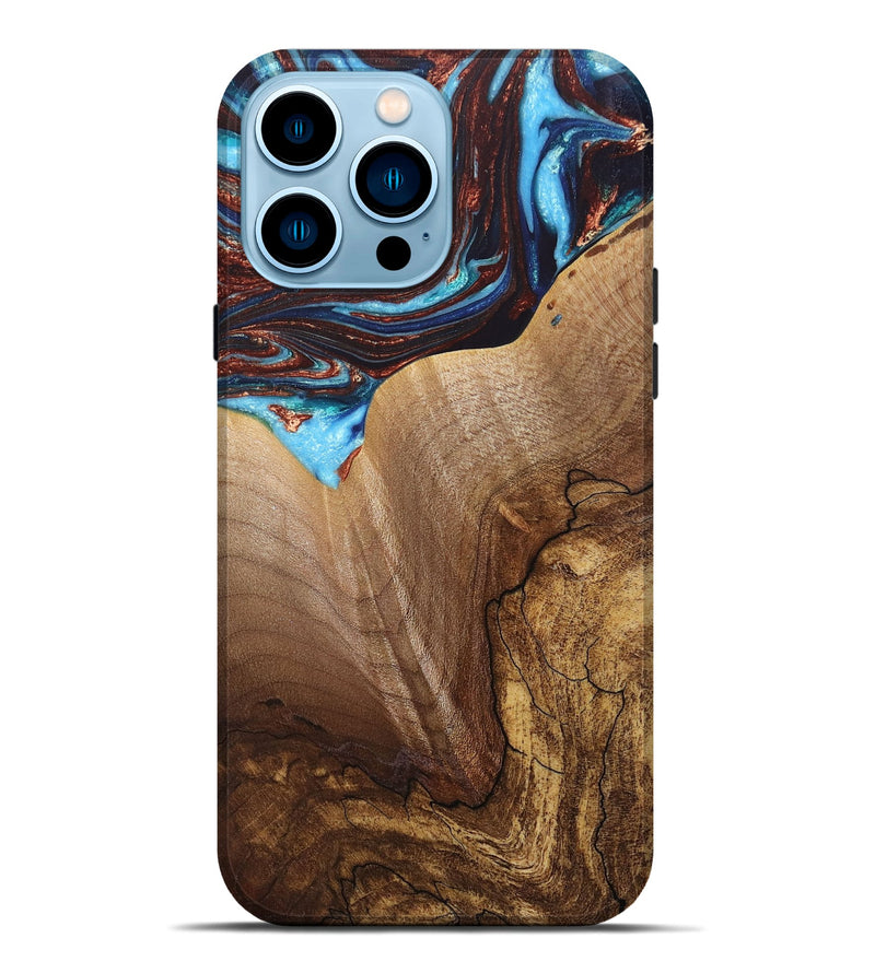 iPhone 14 Pro Max Wood+Resin Live Edge Phone Case - Martin (Teal & Gold, 681864)
