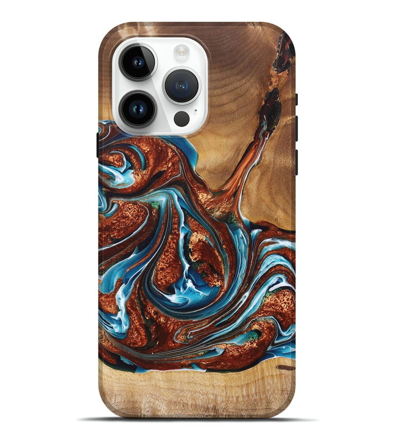 iPhone 15 Pro Max Wood+Resin Live Edge Phone Case - Tyler (Teal & Gold, 681865)