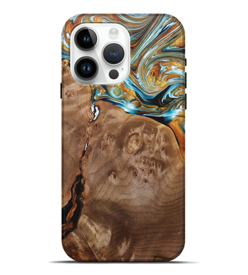 iPhone 15 Pro Max Wood+Resin Live Edge Phone Case - Chris (Teal & Gold, 681866)