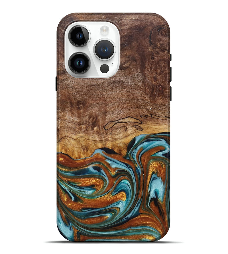 iPhone 15 Pro Max Wood+Resin Live Edge Phone Case - Adrienne (Teal & Gold, 681867)