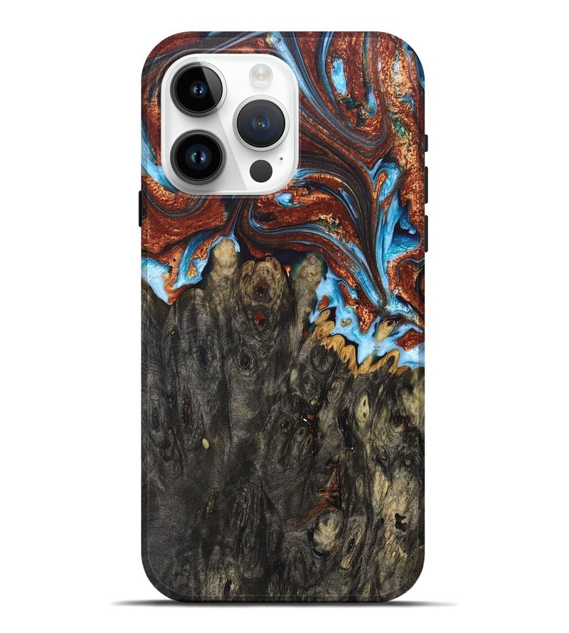 iPhone 15 Pro Max Wood+Resin Live Edge Phone Case - Gina (Teal & Gold, 681868)