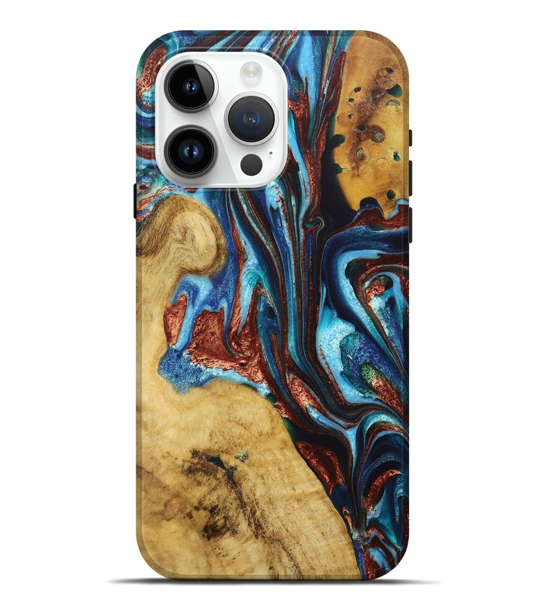iPhone 15 Pro Max Wood+Resin Live Edge Phone Case - Mackenzie (Teal & Gold, 681869)