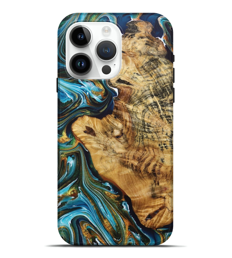 iPhone 15 Pro Max Wood+Resin Live Edge Phone Case - Dwight (Teal & Gold, 681871)