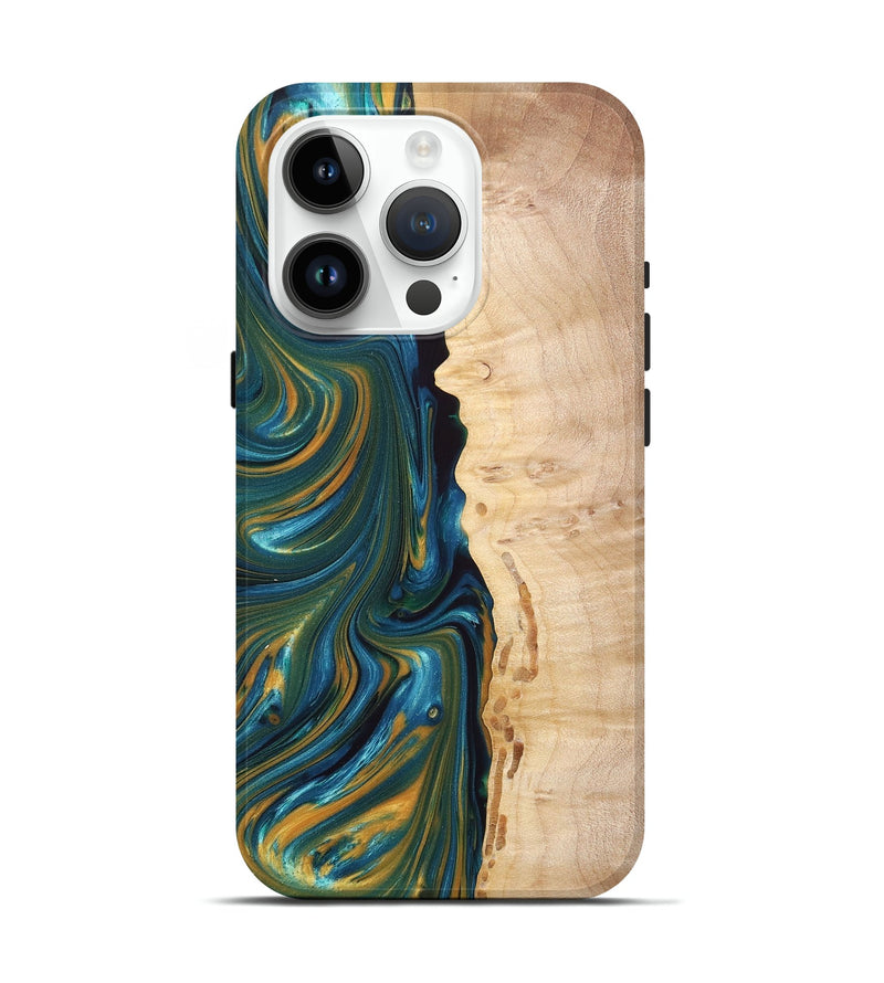 iPhone 15 Pro Wood+Resin Live Edge Phone Case - Sage (Teal & Gold, 682204)