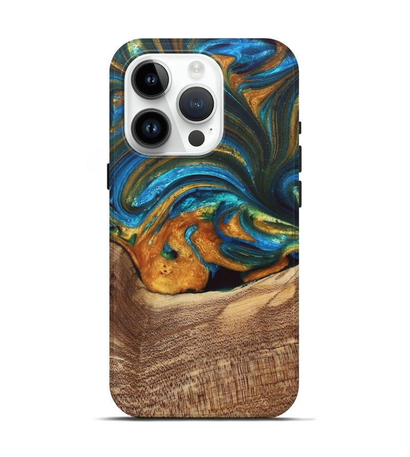 iPhone 15 Pro Wood+Resin Live Edge Phone Case - Logan (Teal & Gold, 682205)