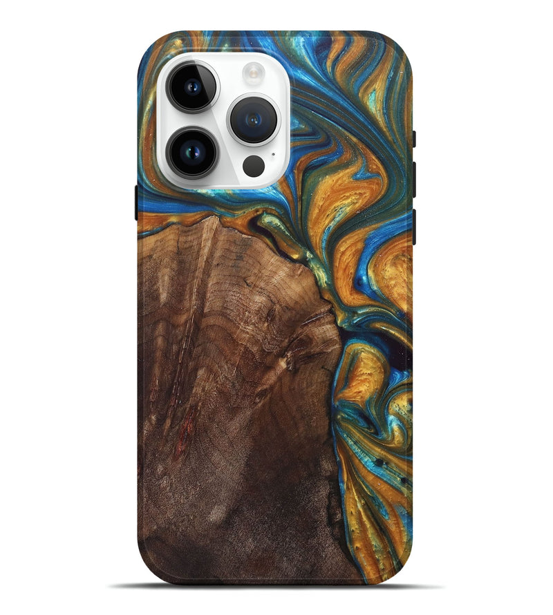 iPhone 15 Pro Max Wood+Resin Live Edge Phone Case - Kyle (Teal & Gold, 682206)