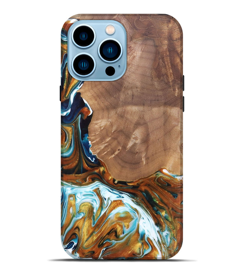 iPhone 14 Pro Max Wood+Resin Live Edge Phone Case - Giovanni (Teal & Gold, 682522)