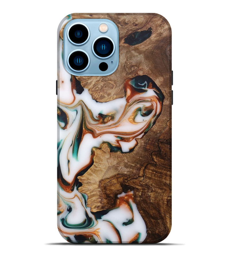 iPhone 14 Pro Max Wood+Resin Live Edge Phone Case - Ava (Teal & Gold, 683575)