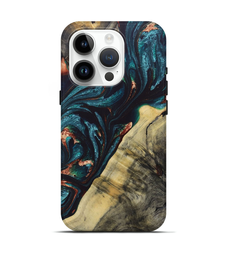 iPhone 15 Pro Wood+Resin Live Edge Phone Case - Keaton (Teal & Gold, 684181)