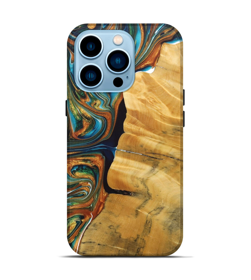 iPhone 14 Pro Wood+Resin Live Edge Phone Case - Joanne (Teal & Gold, 684182)