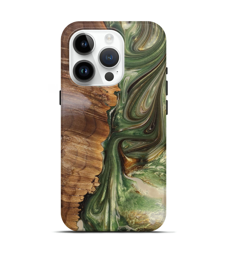 iPhone 15 Pro Wood+Resin Live Edge Phone Case - Justin (Green, 684326)