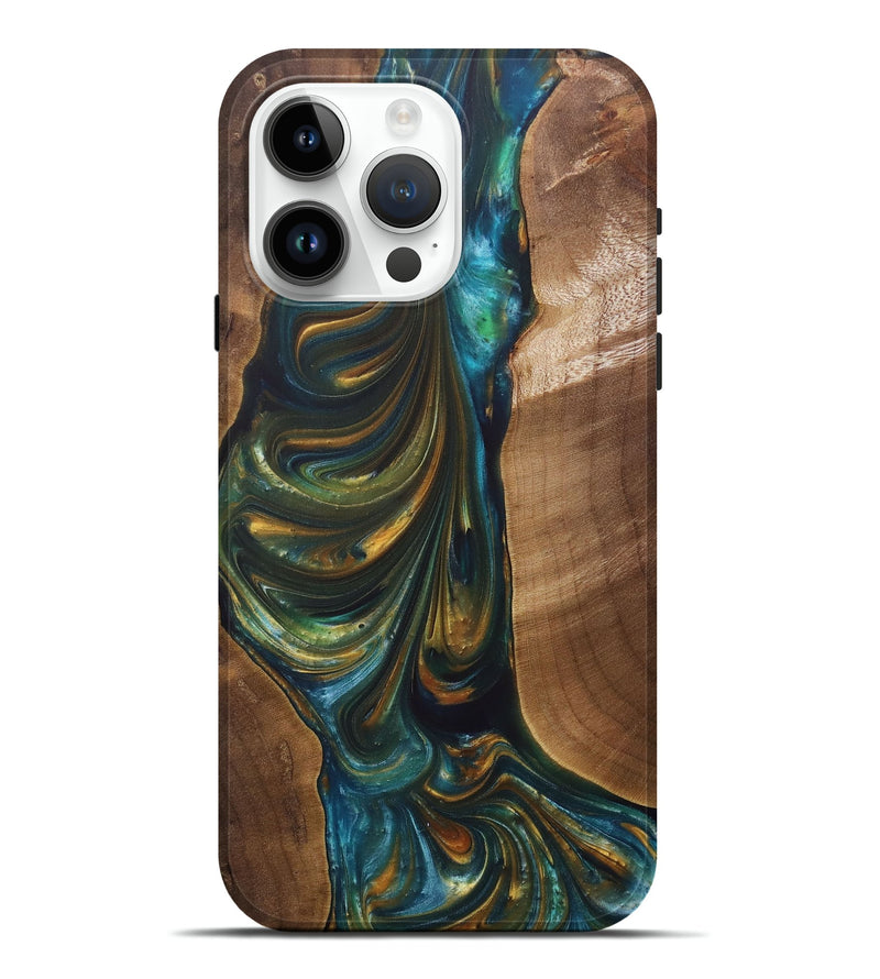 iPhone 15 Pro Max Wood+Resin Live Edge Phone Case - Horace (Teal & Gold, 685420)
