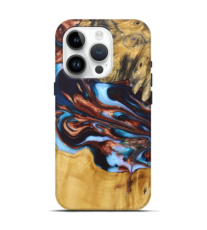 iPhone 15 Pro Wood+Resin Live Edge Phone Case - Molly (Teal & Gold, 685599)