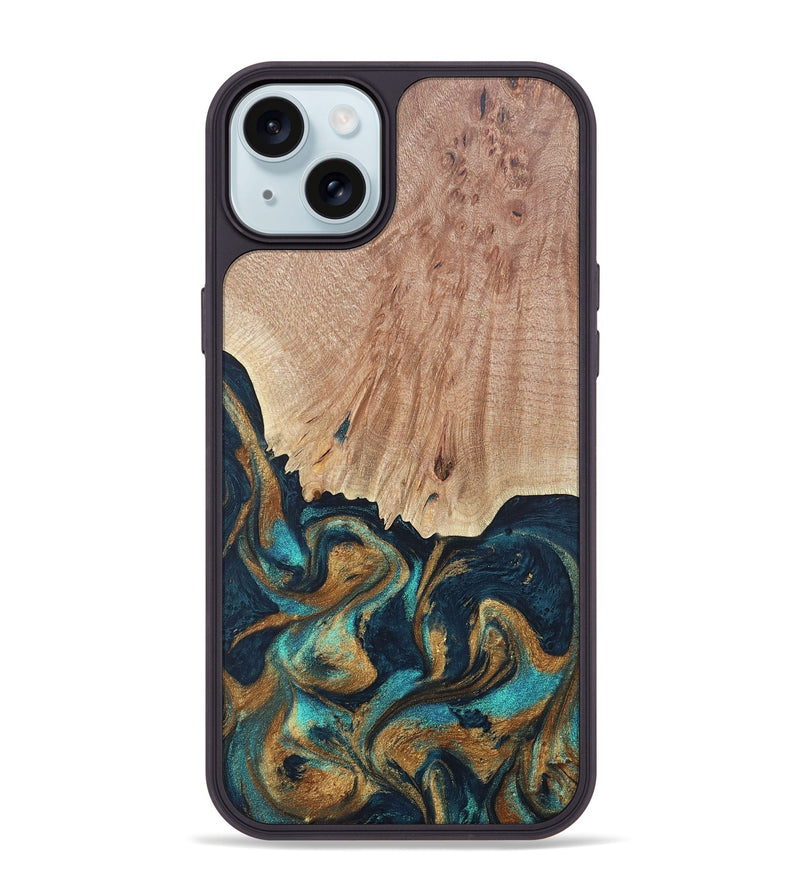 iPhone 15 Plus Wood+Resin Phone Case - Oscar (Teal & Gold, 686561)
