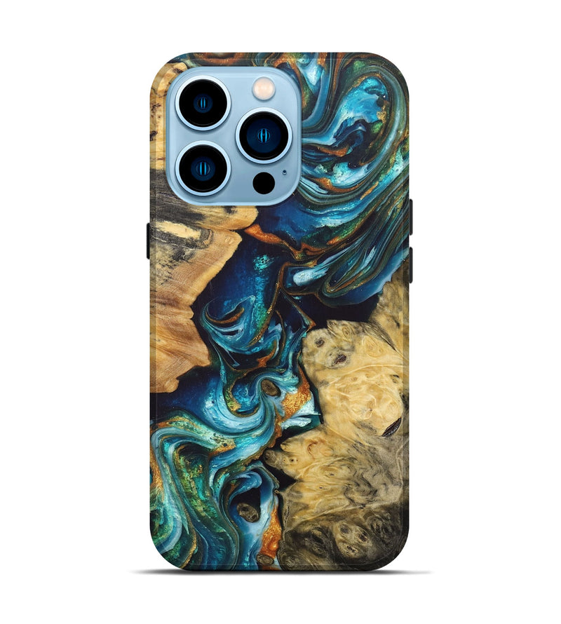 iPhone 14 Pro Wood+Resin Live Edge Phone Case - David (Teal & Gold, 688285)