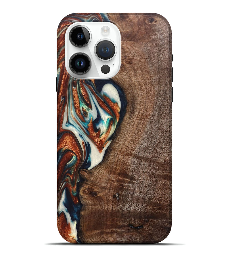 iPhone 15 Pro Max Wood+Resin Live Edge Phone Case - Grover (Teal & Gold, 688289)
