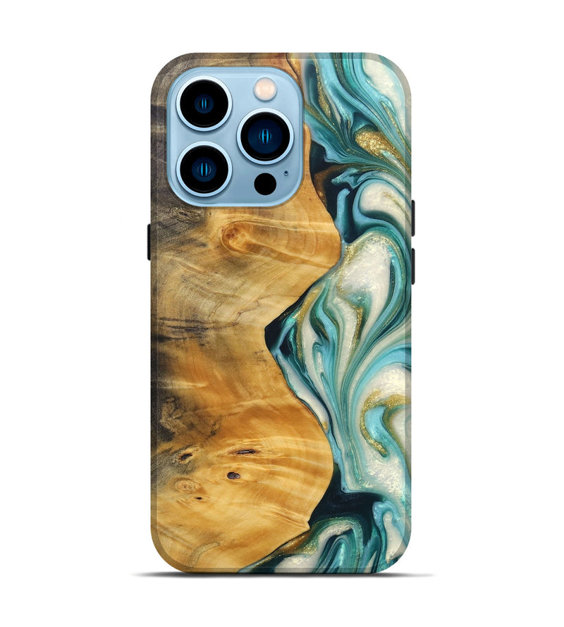 iPhone 14 Pro Wood+Resin Live Edge Phone Case - Teri (Teal & Gold, 688296)