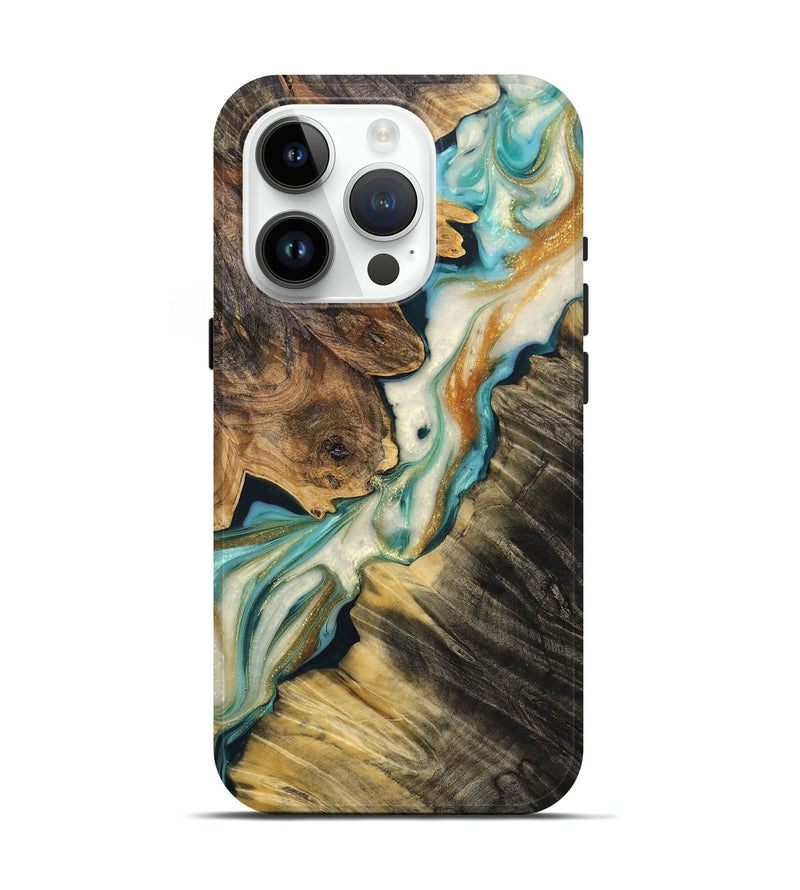 iPhone 15 Pro Wood+Resin Live Edge Phone Case - Beulah (Teal & Gold, 688297)